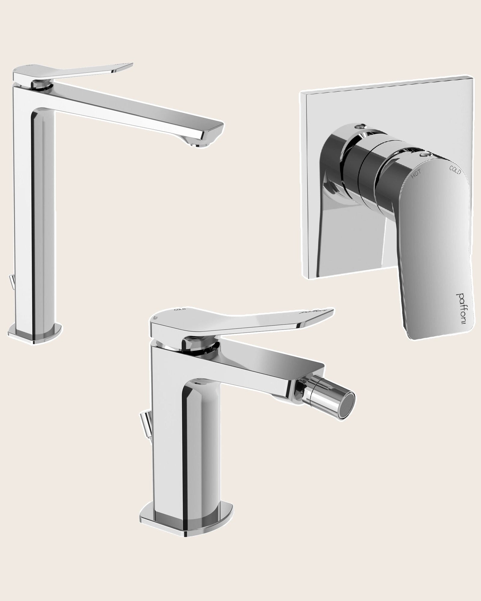 Paffoni tilt set miscelatori lavabo bidet scarico Cromo Lucido visto dall'alto con superficie e piletta di scarico