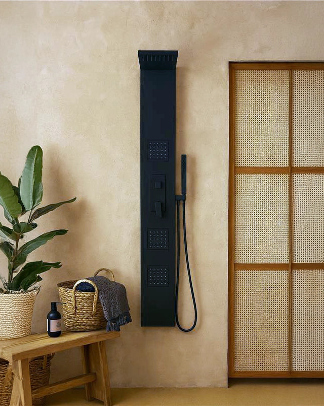 Pannello doccia idromassaggio Ibiza quadro in alluminio nero in abs, vista frontale della maniglia e della bocca di...