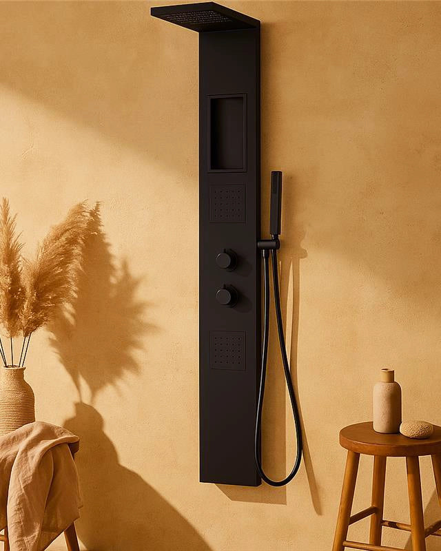 Pannello doccia idromassaggio Ibiza quadro termostatico in ottone e alluminio, vista frontale della maniglia e della...