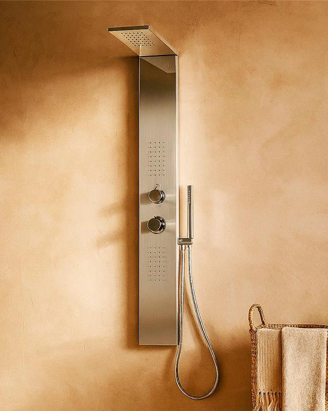 Pannello doccia idromassaggio Ibiza quadro termostatico in Acciaio Lucido in acciaio inox e abs, vista frontale della...