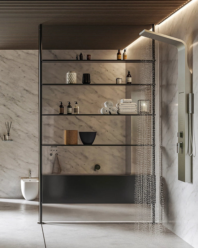 Pannello doccia idromassaggio termostatico effetto cascata Cromo, vista laterale del profilo - Exagonshop