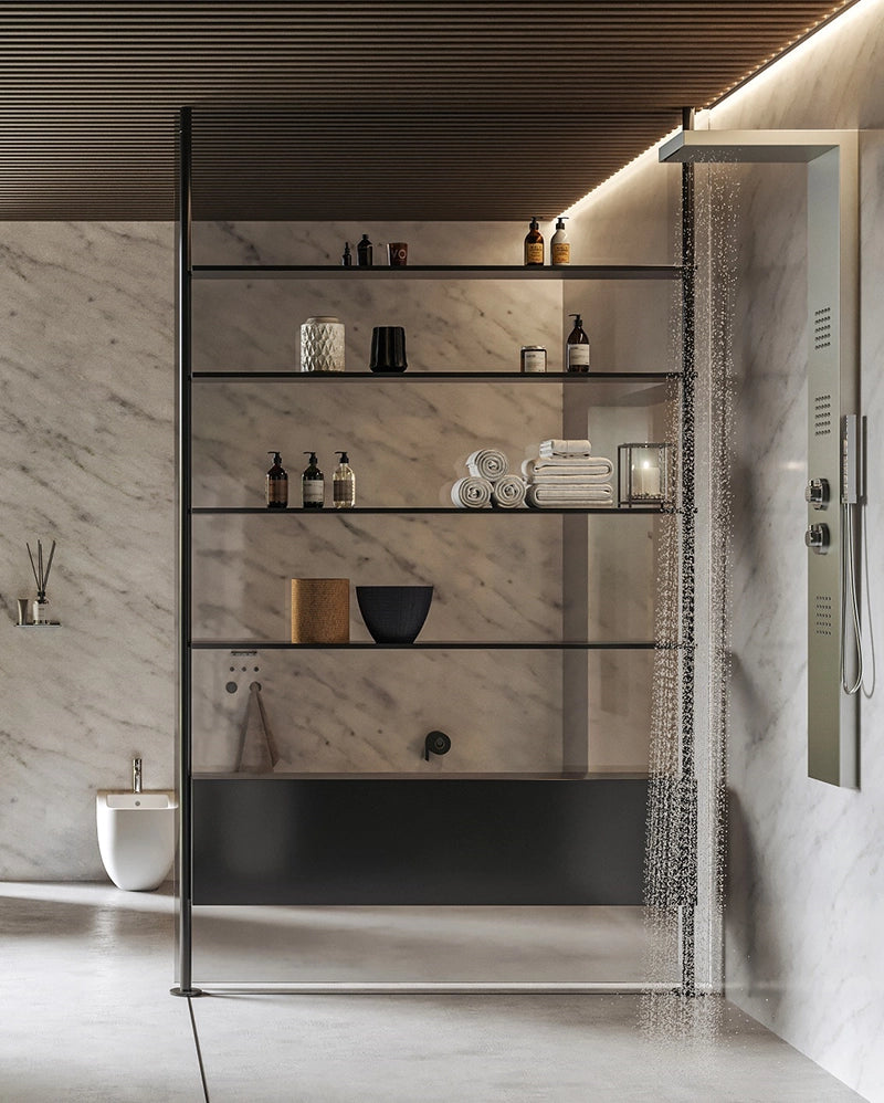 Pannello doccia idromassaggio termostatico effetto cascata Cromo, vista laterale del profilo - Exagonshop