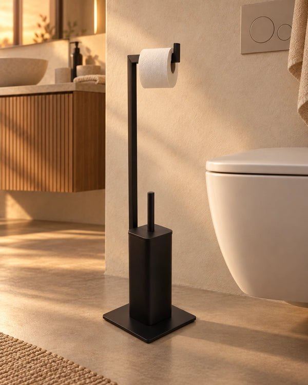 Piantana quadra portarotolo con portascopino nero opaco Tower