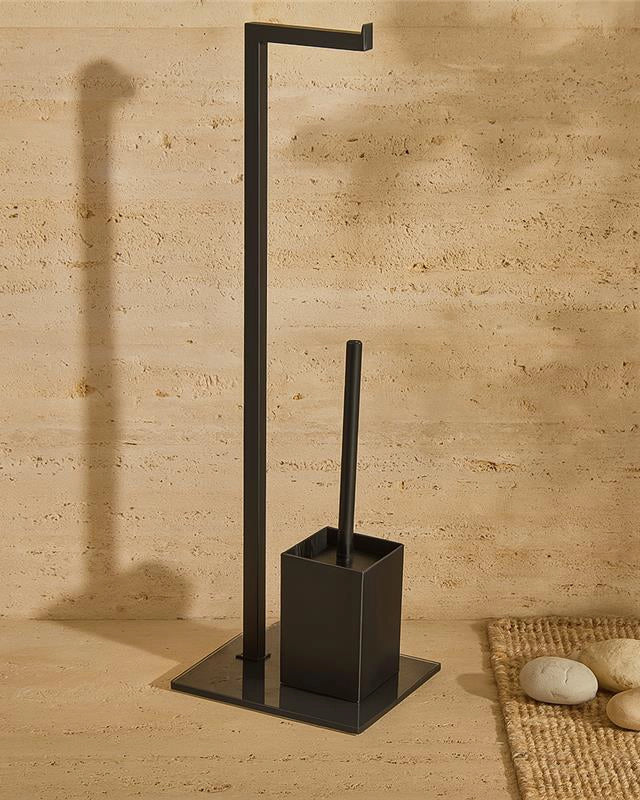 Piantana portarotolo e portascopino nero con base in vetro in vetro temperato montato a parete, vista del design e della...