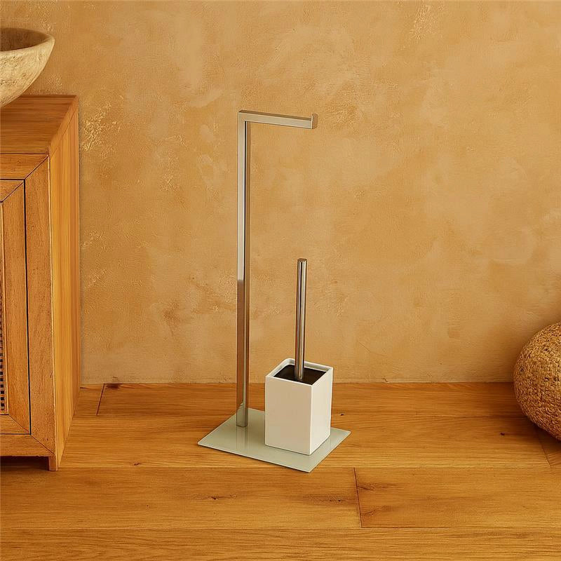 Piantana porta rotolo e portascopino cromo con base in vetro