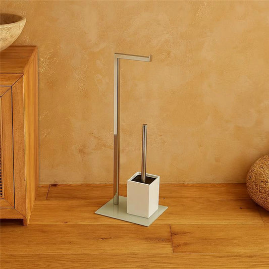 Piantana porta rotolo e portascopino cromo con base in vetro