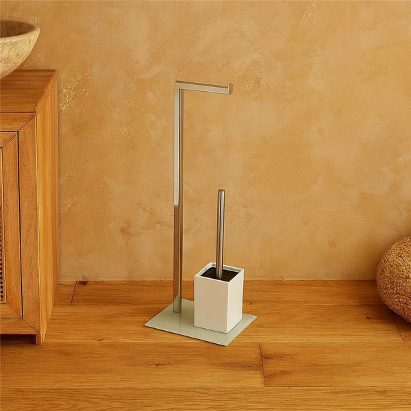 Piantana porta rotolo e portascopino cromo con base in vetro