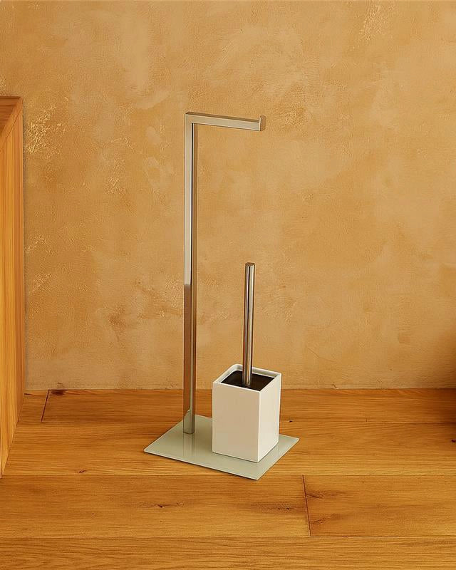 Piantana porta rotolo e portascopino cromo con base in vetro Bianco in cromato montato a parete, vista del design e della...