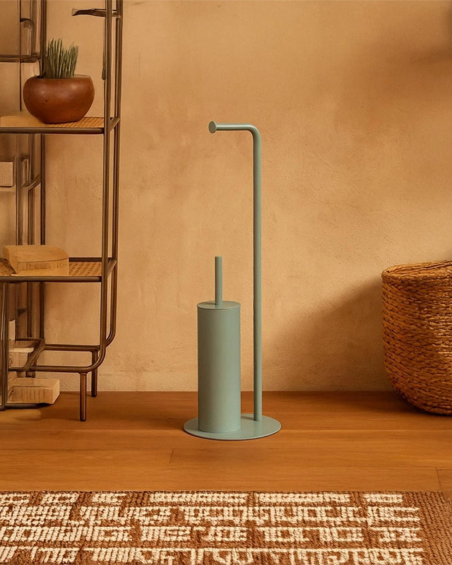 Piantana portarotolo portascopino Verde acqua Taki in opaco montato a parete, vista del design e della finitura - Exagonshop