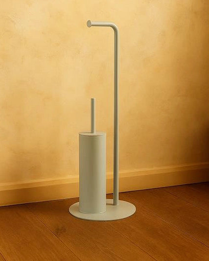 Piantana portarotolo portascopino bianco Taki in opaco montato a parete, vista del design e della finitura - Exagonshop