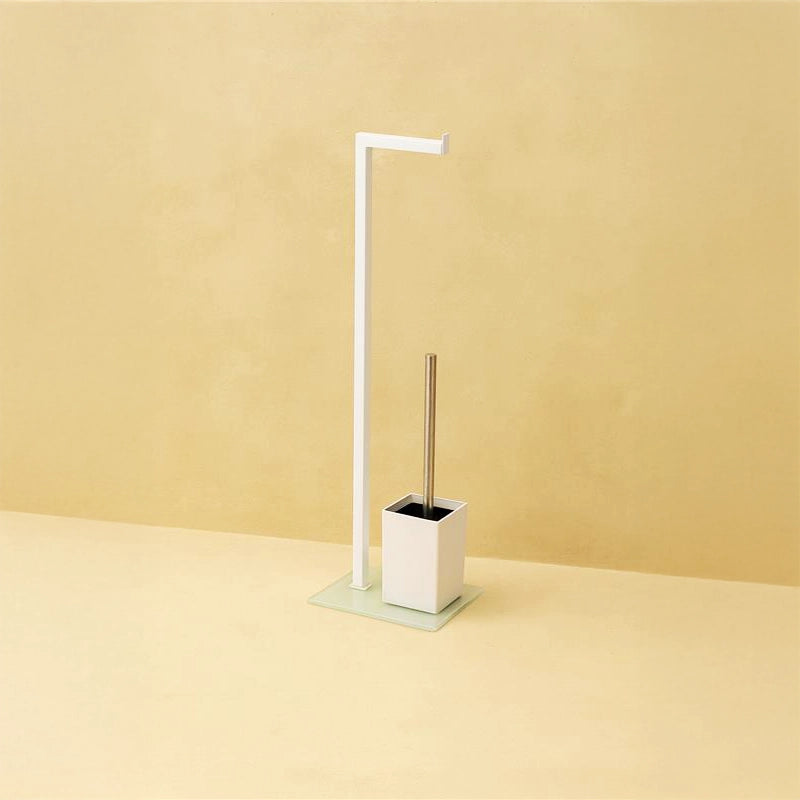 Piantana portarotolo portascopino bianco con base in vetro