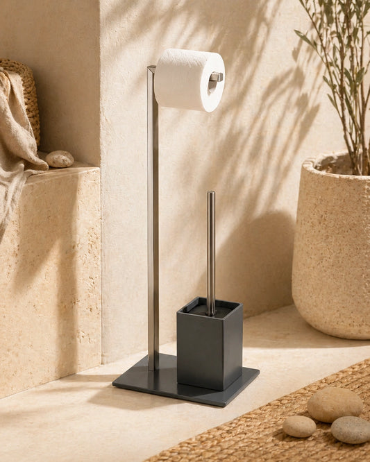 Piantana portarotolo porta scopino grigio con base in vetro
