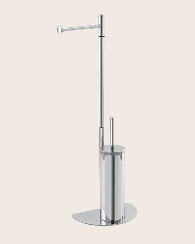 Piantana salvaspazio portarotolo e scopino cromo in cromato montato a parete, vista del design e della finitura - Exagonshop