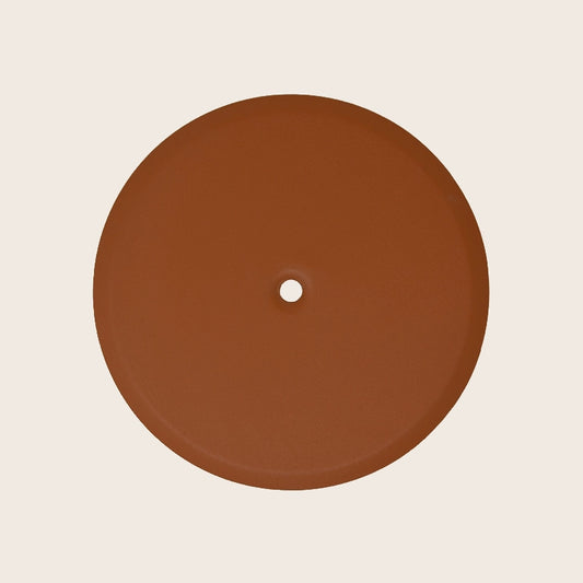 Piattello 14 cm tappo pozzetto arancio sabbiato, vista frontale della maniglia e della bocca di erogazione - Exagonshop