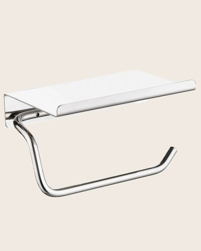 Portarotolo con mensola cromo Minimal in acciaio inox e lucido montato a parete, vista del design e della finitura...