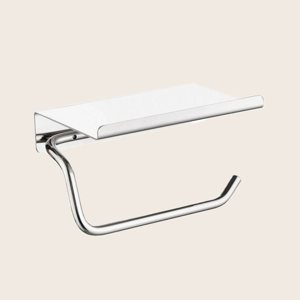 Portarotolo con mensola cromo Minimal in acciaio inox e lucido montato a parete, vista del design e della finitura...
