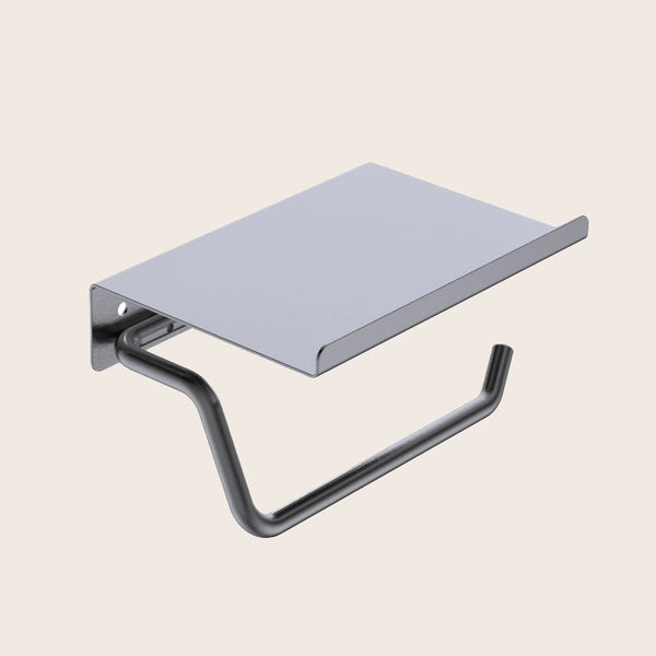 Portarotolo con mensola grigio metallico Minimal in acciaio inox montato a parete, vista del design e della finitura...
