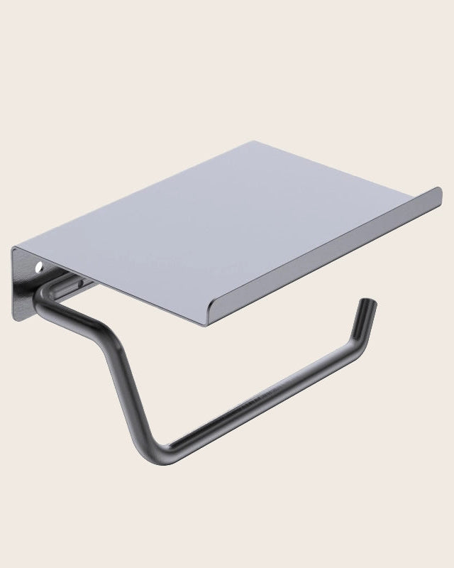 Portarotolo con mensola grigio metallico Minimal in acciaio inox montato a parete, vista del design e della finitura...