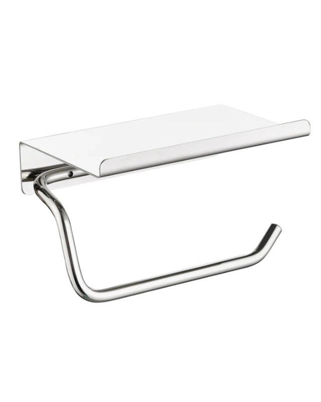 Portarotolo con mensola nichel spazzolato Minimal, dettaglio ravvicinato del materiale e dell'aggancio - Exagonshop