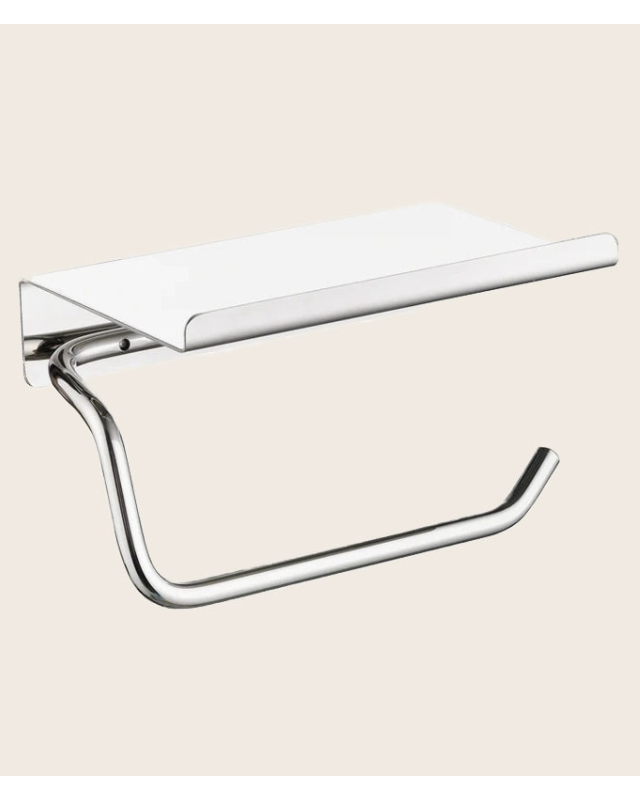 Portarotolo con mensola nichel spazzolato Minimal montato a parete, vista del design e della finitura - Exagonshop