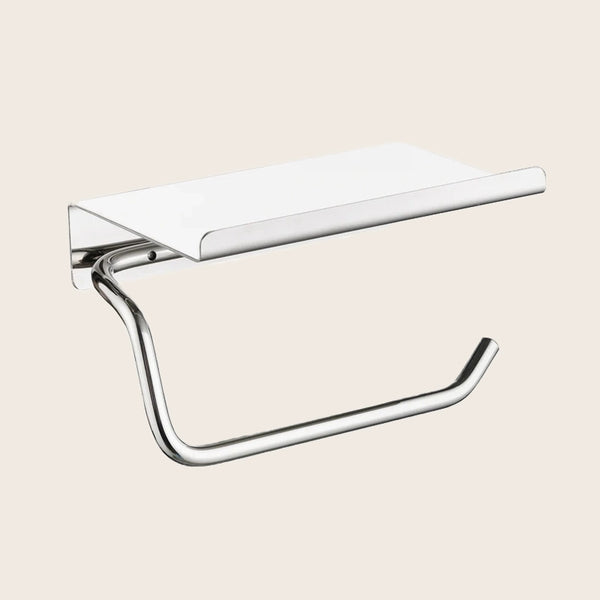 Portarotolo con mensola nichel spazzolato Minimal montato a parete, vista del design e della finitura - Exagonshop