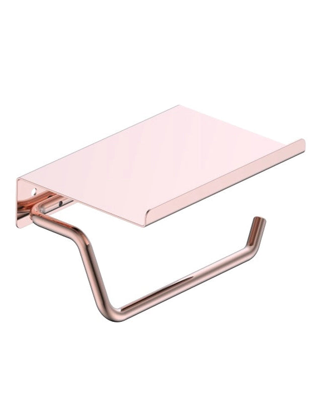 Portarotolo con mensola oro rosa spazzolato Minimal, dettaglio ravvicinato del materiale e dell'aggancio - Exagonshop