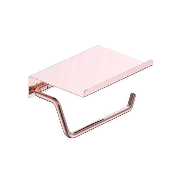 Portarotolo con mensola oro rosa spazzolato Minimal, dettaglio ravvicinato del materiale e dell'aggancio - Exagonshop