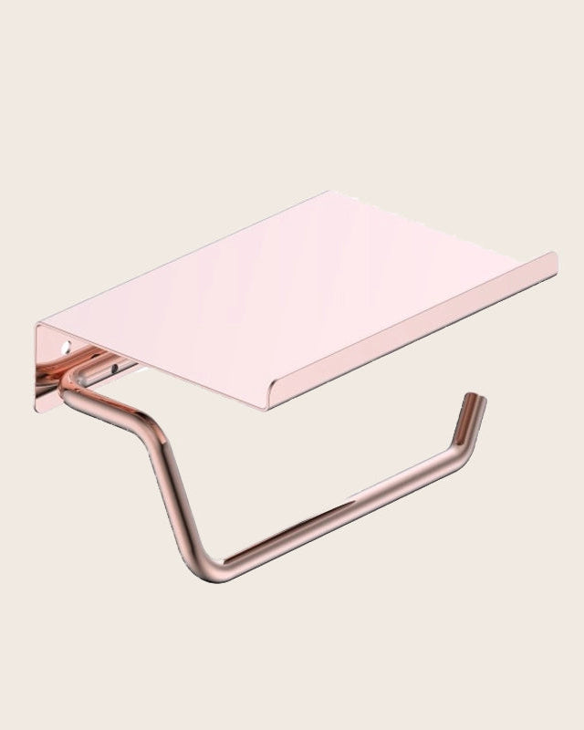 Portarotolo con mensola oro rosa spazzolato Minimal in acciaio inox montato a parete, vista del design e della finitura...