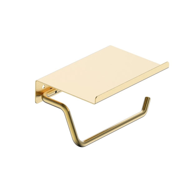 Portarotolo con mensola oro spazzolato Minimal, dettaglio ravvicinato del materiale e dell'aggancio - Exagonshop
