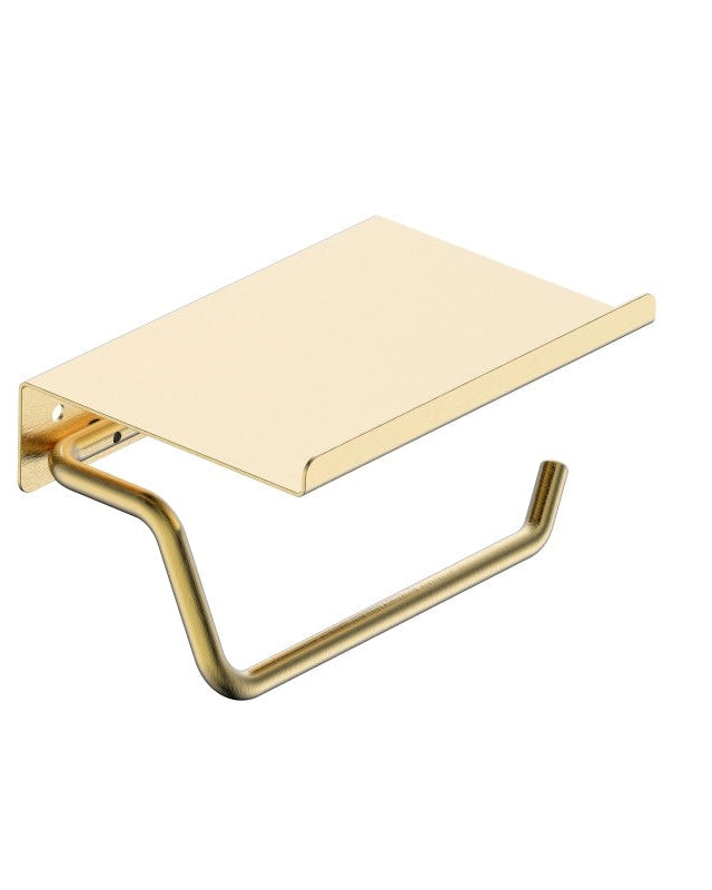Portarotolo con mensola oro spazzolato Minimal, dettaglio ravvicinato del materiale e dell'aggancio - Exagonshop