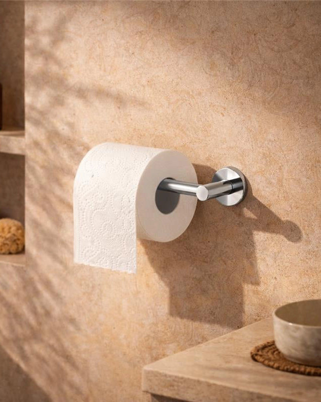 Portarotolo in acciaio cromo Minimal in lucido montato a parete, vista del design e della finitura - Exagonshop