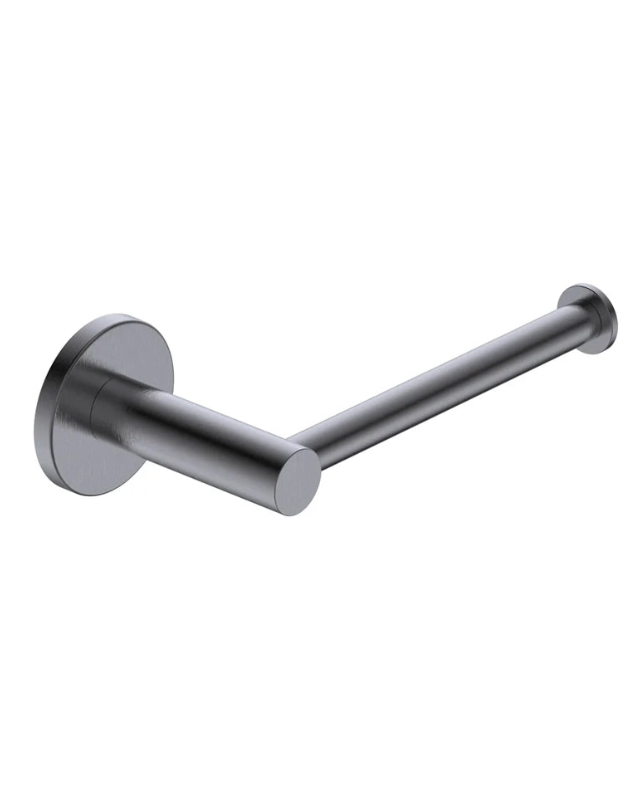 Portarotolo in acciaio grigio metallico Minimal, dettaglio ravvicinato del materiale e dell'aggancio - Exagonshop