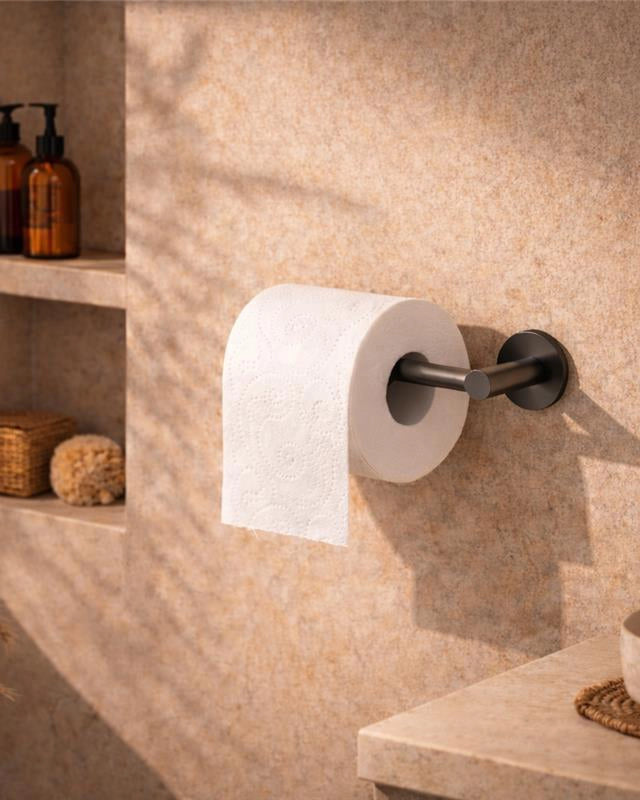 Portarotolo in acciaio grigio metallico Minimal montato a parete, vista del design e della finitura - Exagonshop