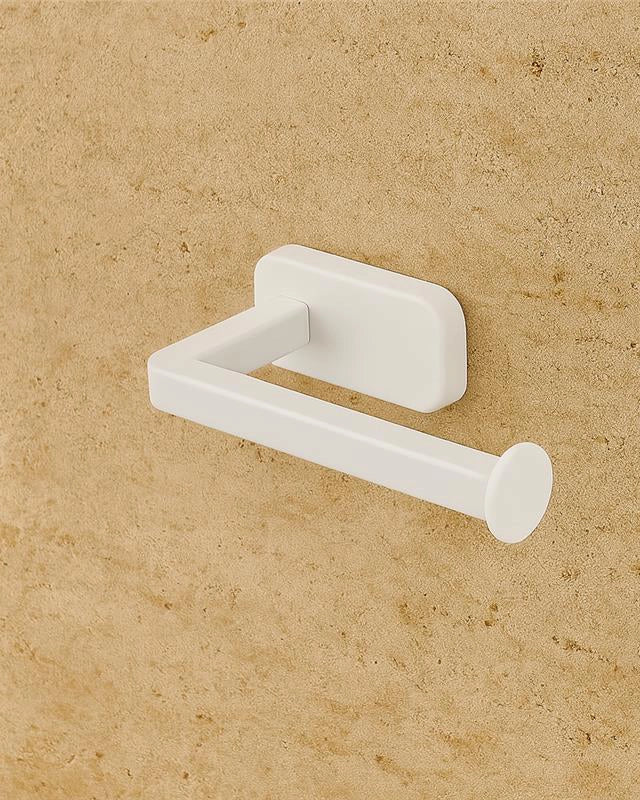 Portarotolo in acciaio inox bianco Cubik montato a parete, vista del design e della finitura - Exagonshop