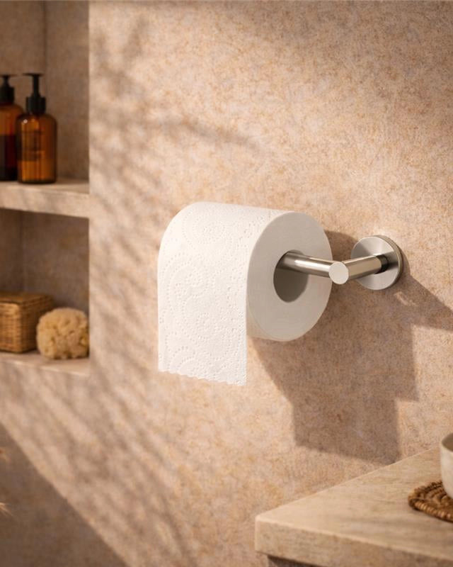 Portarotolo in acciaio nichel spazzolato Minimal montato a parete, vista del design e della finitura - Exagonshop