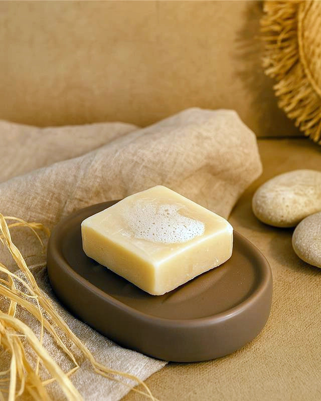 Porta sapone da appoggio in ceramica tortora Sidney montato a parete, vista del design e della finitura - Exagonshop