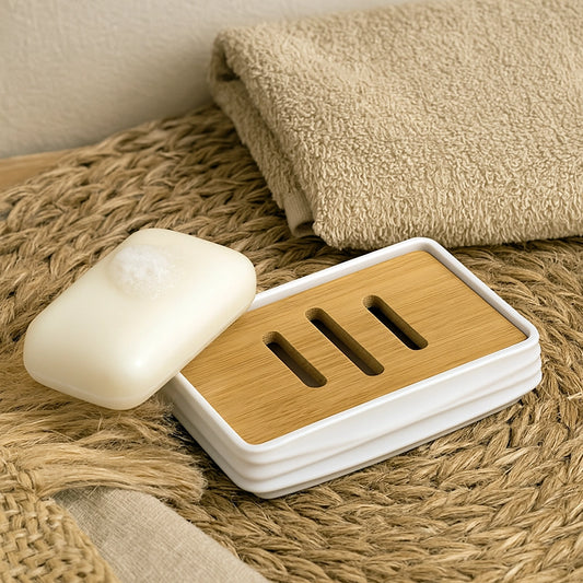 Portasapone in plastica ABS e bamboo bianco Alabama