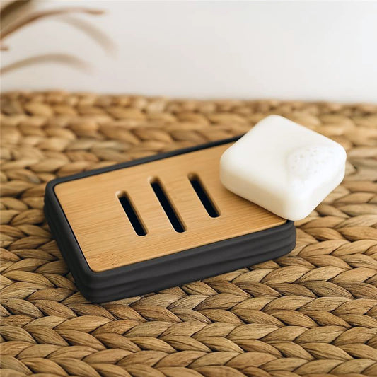 Portasapone in plastica ABS e bamboo nero Alabama
