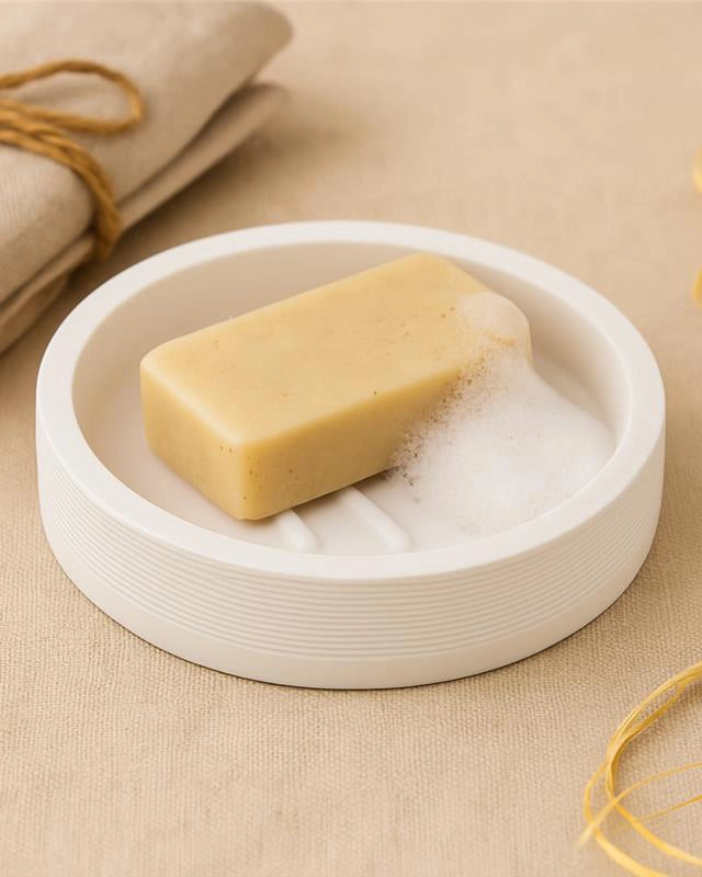 Portasapone in poliresina bianco Marika montato a parete, vista del design e della finitura - Exagonshop
