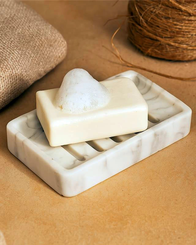Portasapone in poliresina marmorizzato bianco Marmo Marmo Bianco in marmo naturale montato a parete, vista del design e...