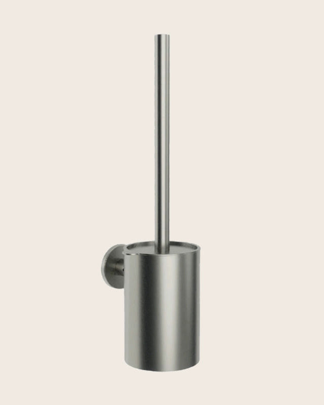 Portascopino a muro nichel spazzolato Minimal in acciaio inox montato a parete, vista del design e della finitura...