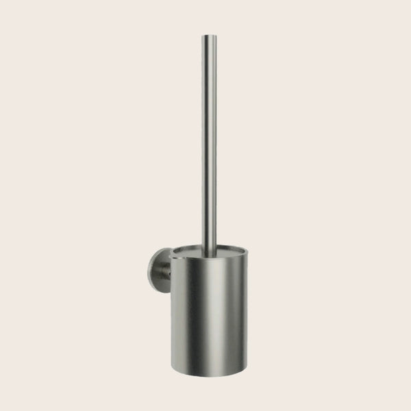 Portascopino a muro nichel spazzolato Minimal in acciaio inox montato a parete, vista del design e della finitura...