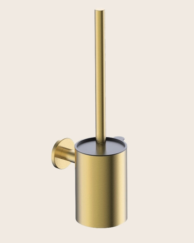 Portascopino wc a muro oro spazzolato Minimal in naturale montato a parete, vista del design e della finitura - Exagonshop