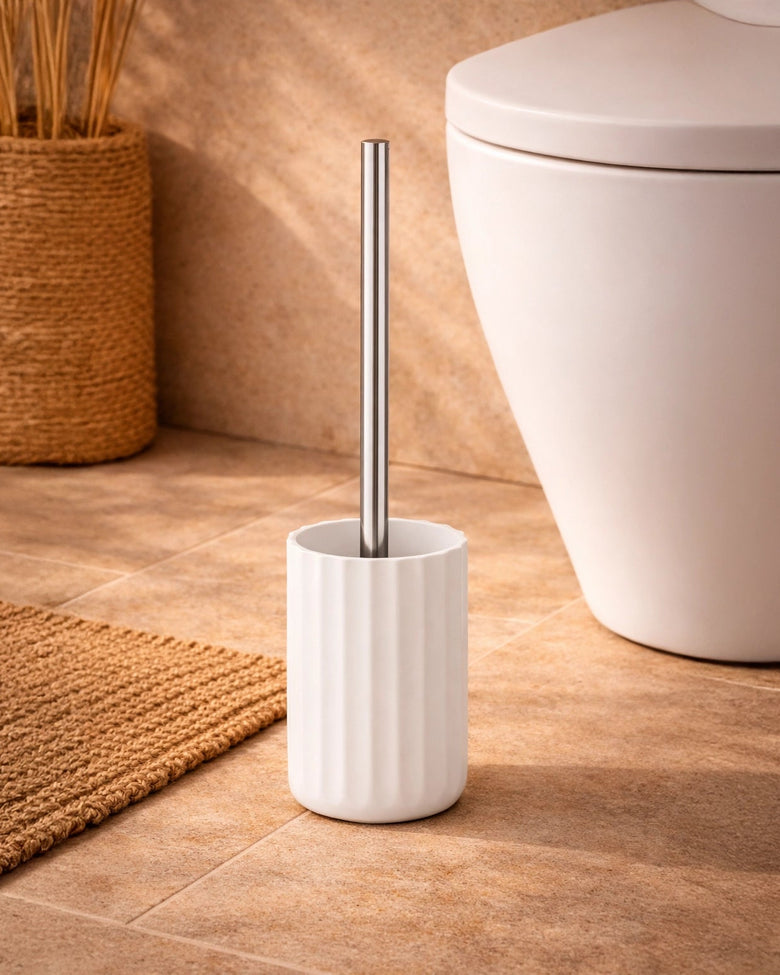 Portascopino wc da appoggio in tpr bianco in opaco montato a parete, vista del design e della finitura - Exagonshop