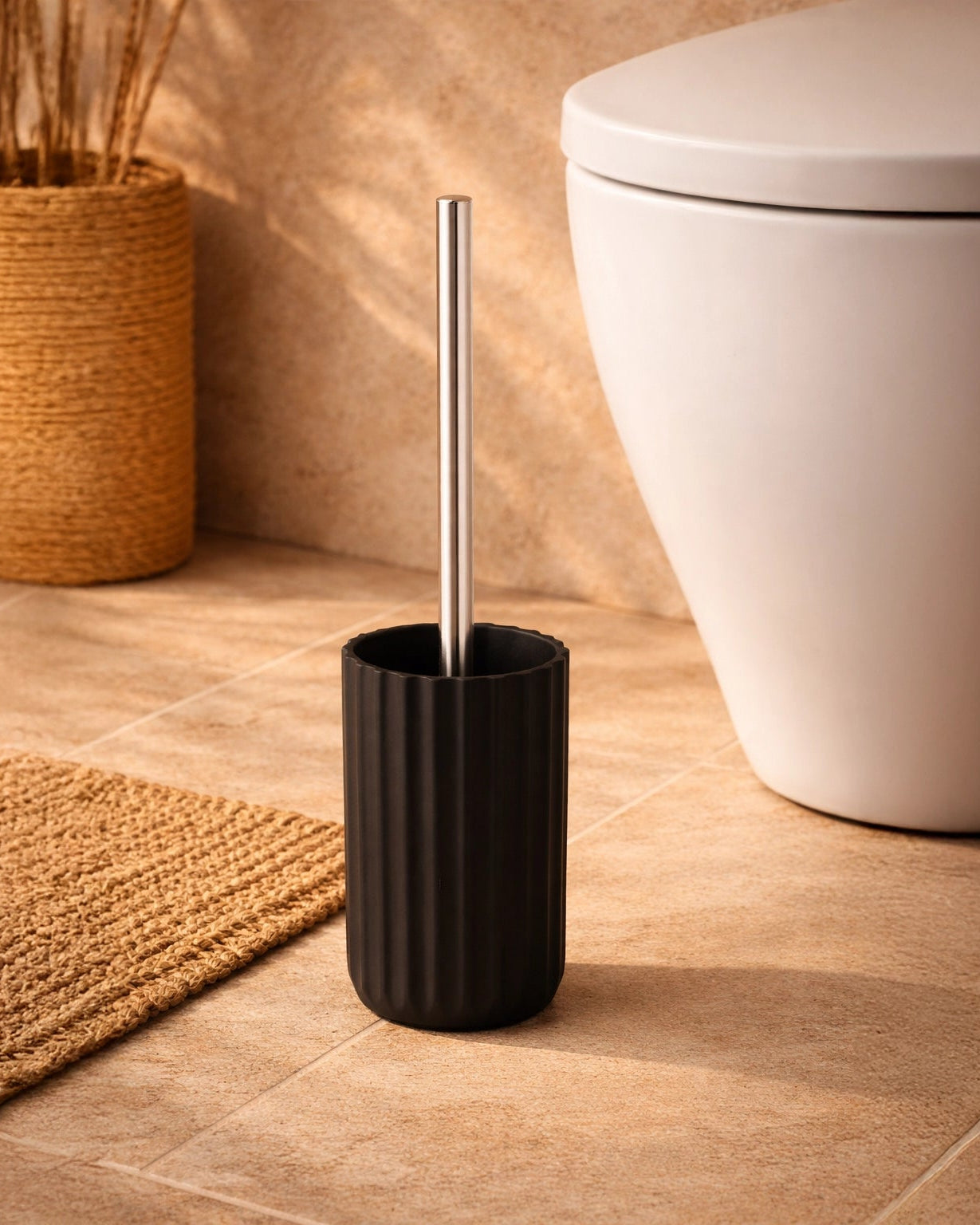 Portascopino wc da appoggio in tpr nero in opaco montato a parete, vista del design e della finitura - Exagonshop
