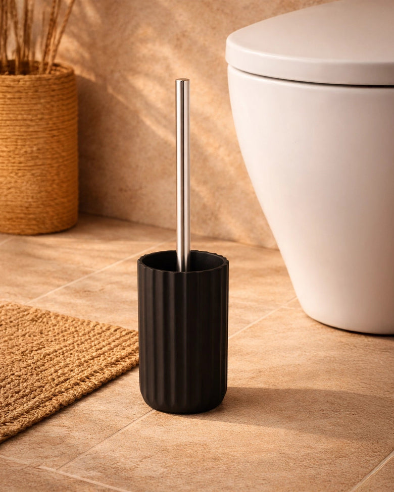 Portascopino wc da appoggio in tpr nero in opaco montato a parete, vista del design e della finitura - Exagonshop