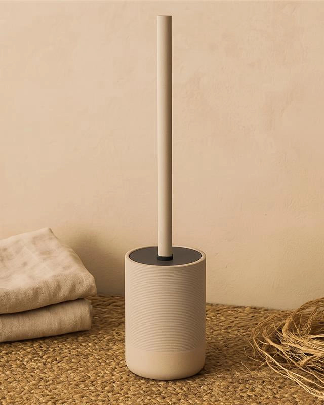 Portascopino wc khaki Marika in resina e naturale montato a parete, vista del design e della finitura - Exagonshop