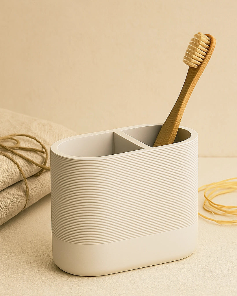 Portaspazzolini doppio khaki Marika in resina e naturale montato a parete, vista del design e della finitura - Exagonshop
