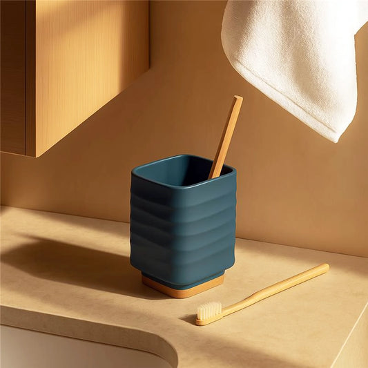 Portaspazzolino in plastica ABS e bamboo blu pastello Alabama