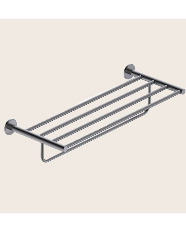 Rack portasciugamani 60 cm grigio metallico Minimal in satinato e naturale montato a parete, vista del design e della...